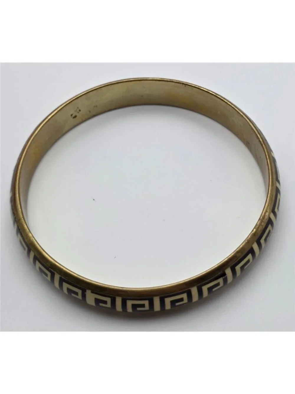 Vintage Gold Tone Black Cream Enamel Greek Key Bangle Bracelet 8 In Geometric